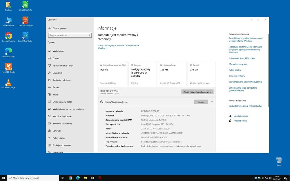 Komputer HP ProDesk 600 G3 MT i3-7100 3.9GHz/RAM 16GB/SSD 256GB Win10