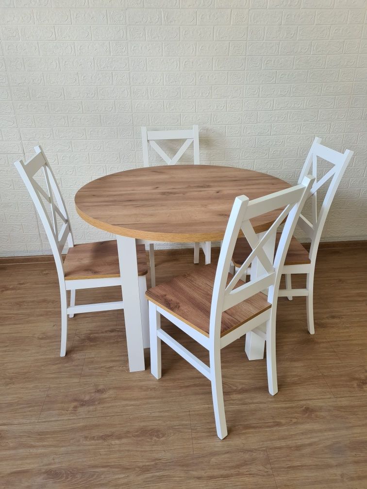 Zestaw Stół okrągły + 4 krzesła styl skandynawski nowoczesny