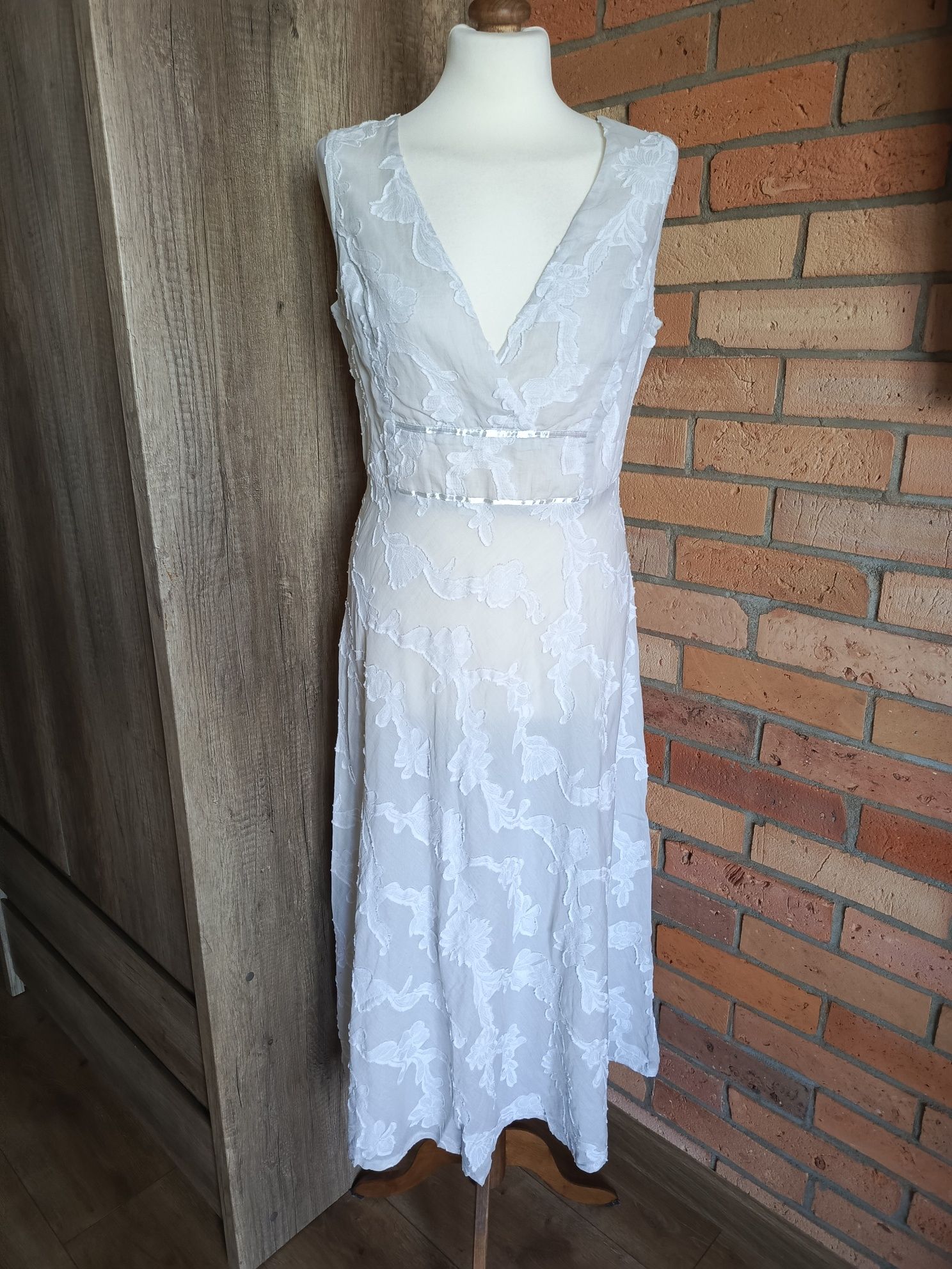 elegancka sukienka vintage midi V&Bis 40 z haftkami naszywkami szara n