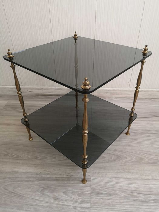 stolik mosiężny mosiądz złoty 45x45x48 szkło