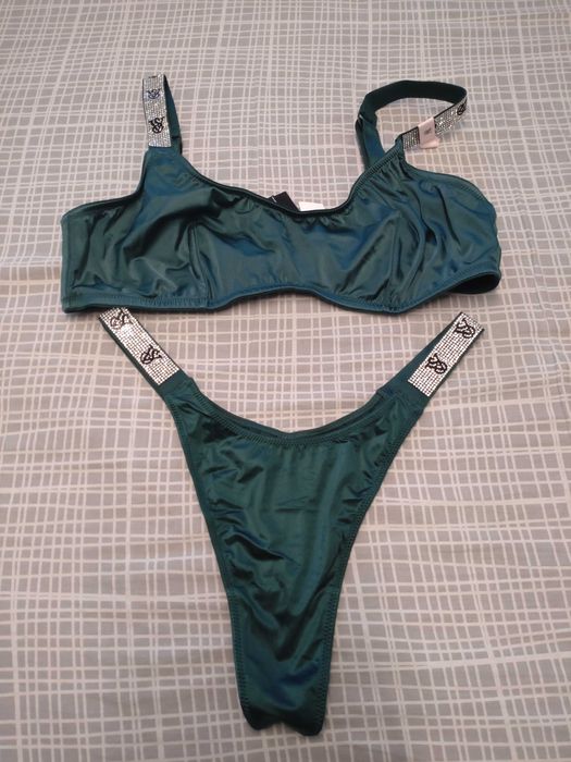 Komplet Victoria's Secret M biustonosz M stringi ciemnozielony