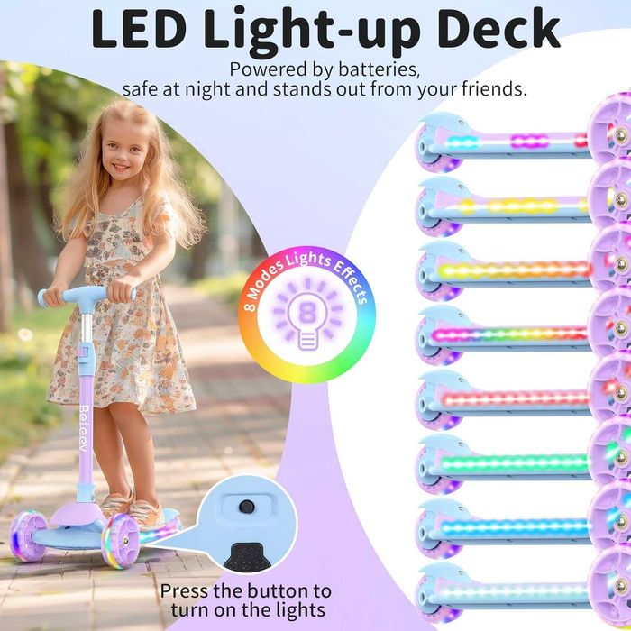Beleev A9 Hulajnoga Trójkołowa Regulowana Podświetlana Rgb Świecąca