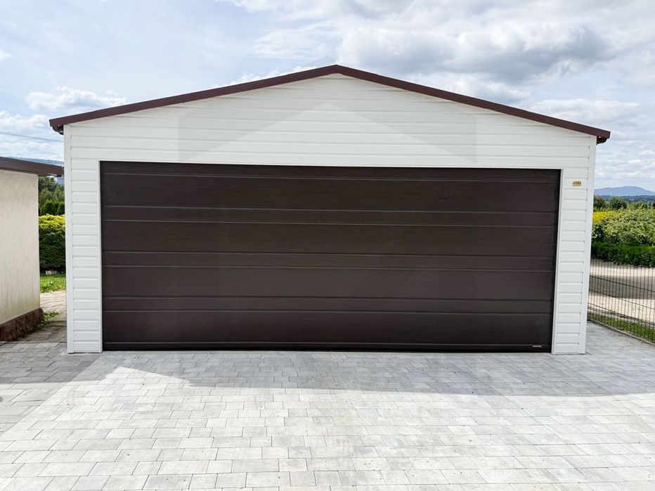 garaż blaszany 6x6 6x5,8 brama segmentowa dwuspadowy brąz grafit biały