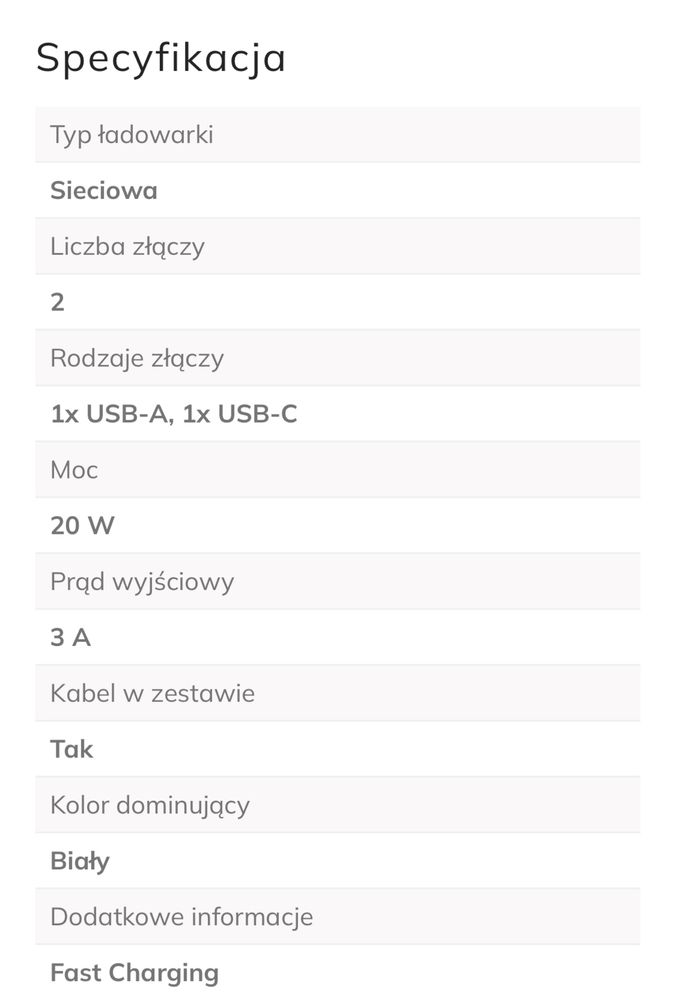 NOWA Ładowarka sieciowa Q16 20W PD Somostel + kabel USB-C biała IPHONE