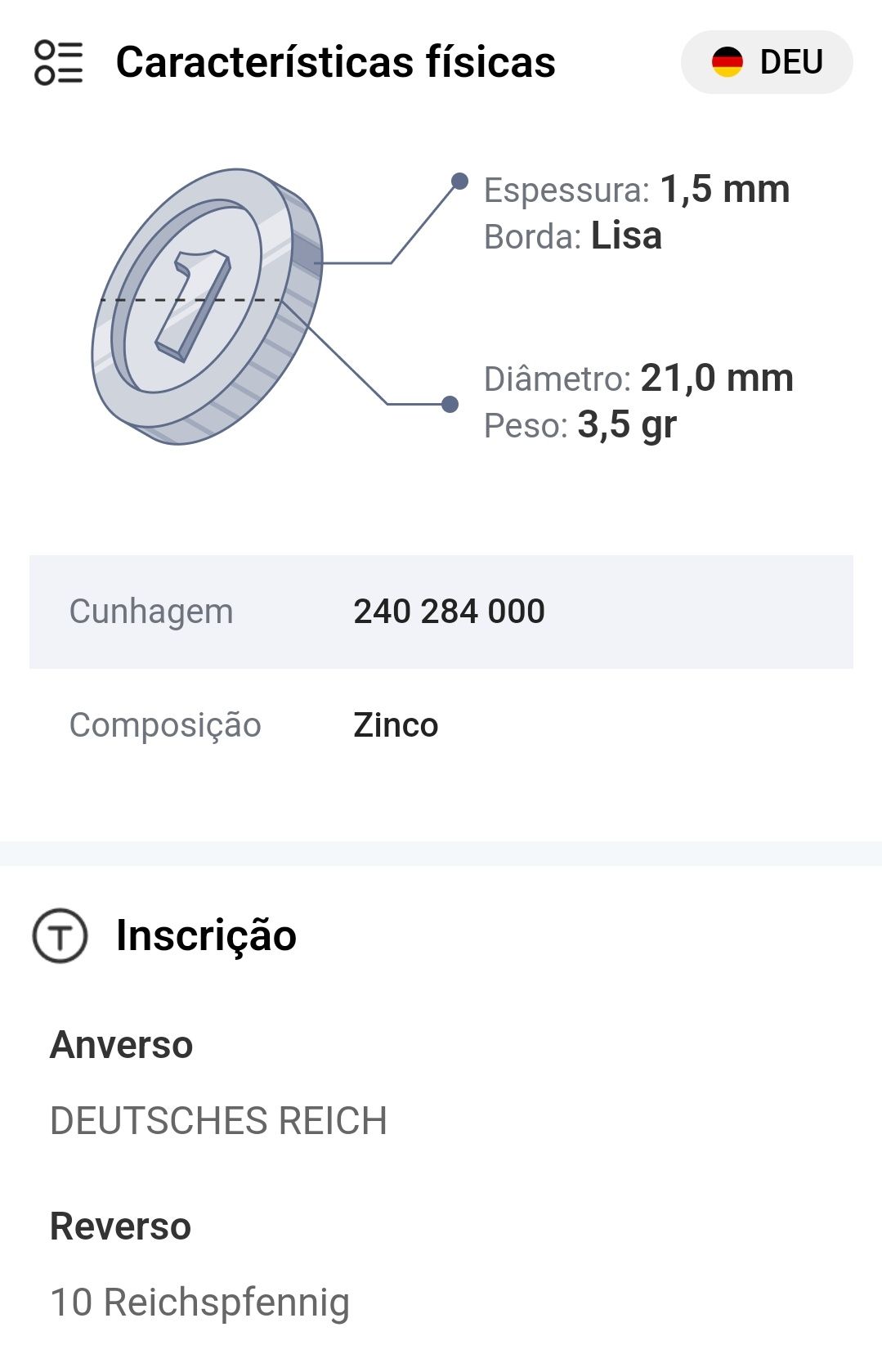 Moeda Alemã 10 Rethspfennfg