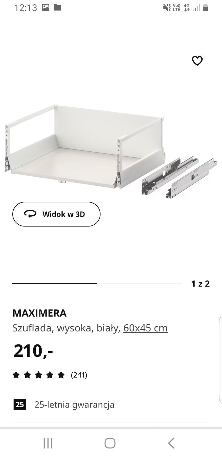 Ikea Maximera szuflada wysoka 60 x 45 cm biała kuchnia metod