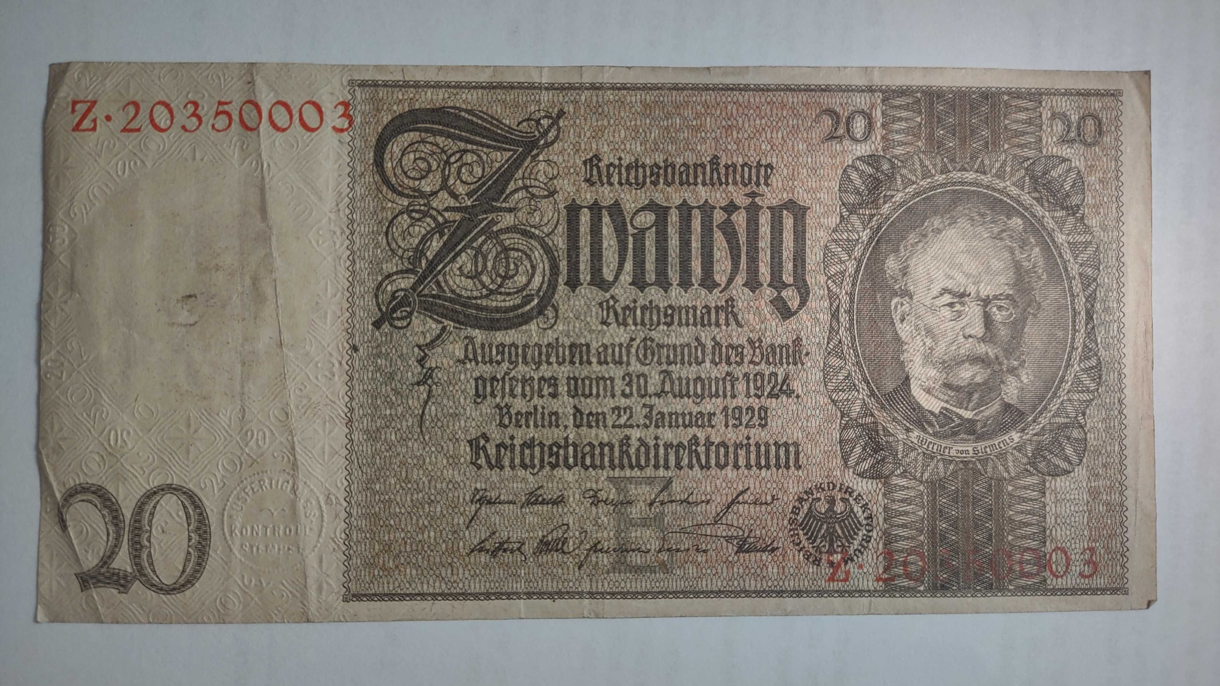 Banknot Niemcy 20 RM, 1929r