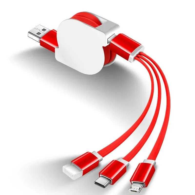 Kabel do ładowania 3w1 czerwony zwijany oplot okrągły silikon 1 metr