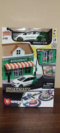 Zestaw Bburago Street Fire City Pharmacy z Renault Clio w skali 1:43.