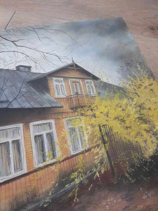 Rysunek pastelami drewniany dom A3