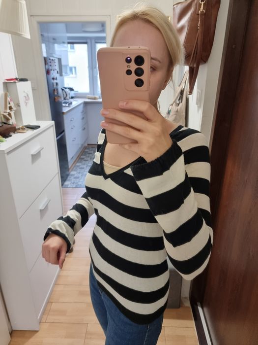 Cienki sweter bluzka lniana 55% len 45% bawełna w paski biały czarny