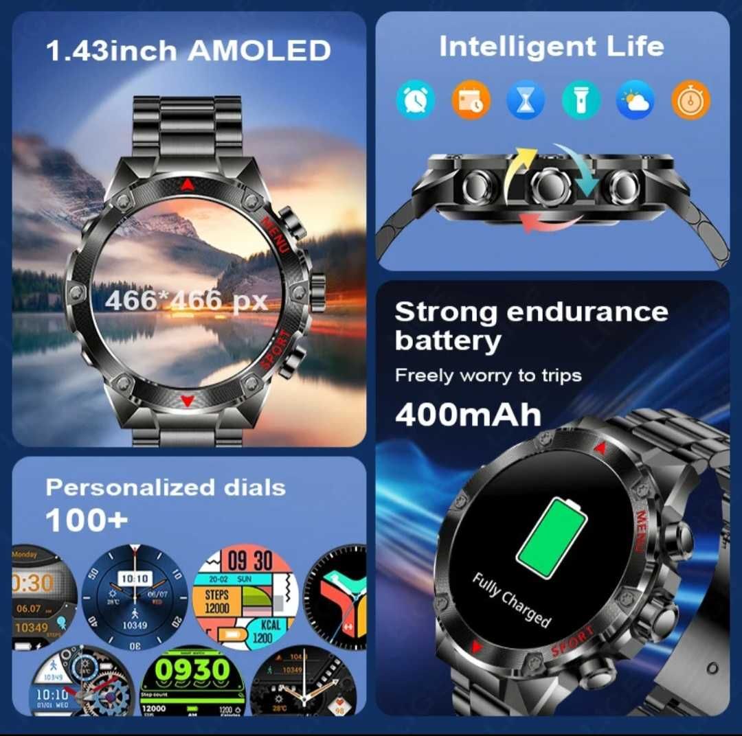 Nowy smartwatch 1,43 cala podwójny wyświetlacz,Amoled