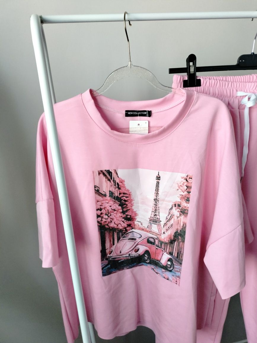 Włoski komplet masełko bluza spodnie print cukierkowy róż r.uni S-XL