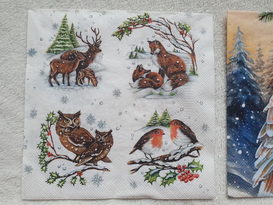 Serwetki papierowe zimowe świąteczne decoupage sowa skrzaty krasnale