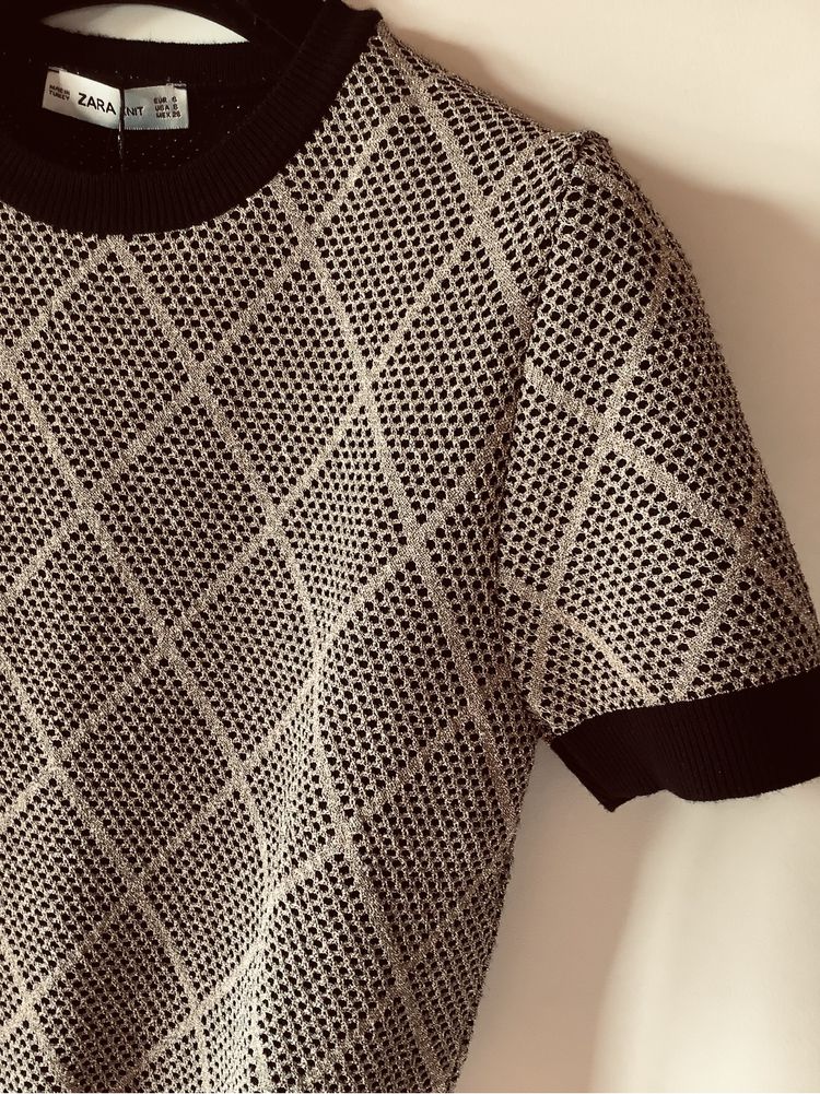 Sweter Zara, dzianina zloto-czarny, kr. rękaw, S