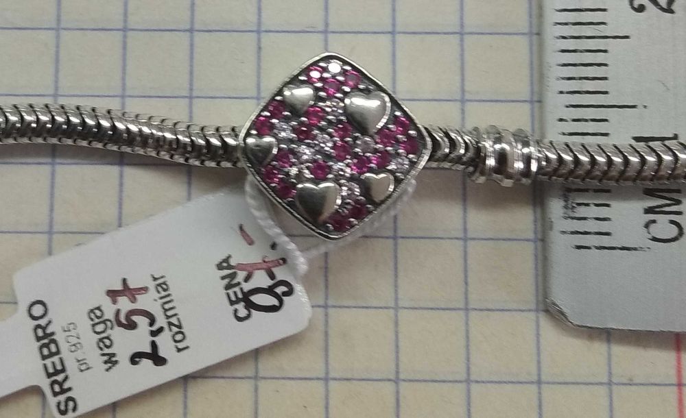 Charms serca i rózowe cyrkonie Srebro 925 NOWE