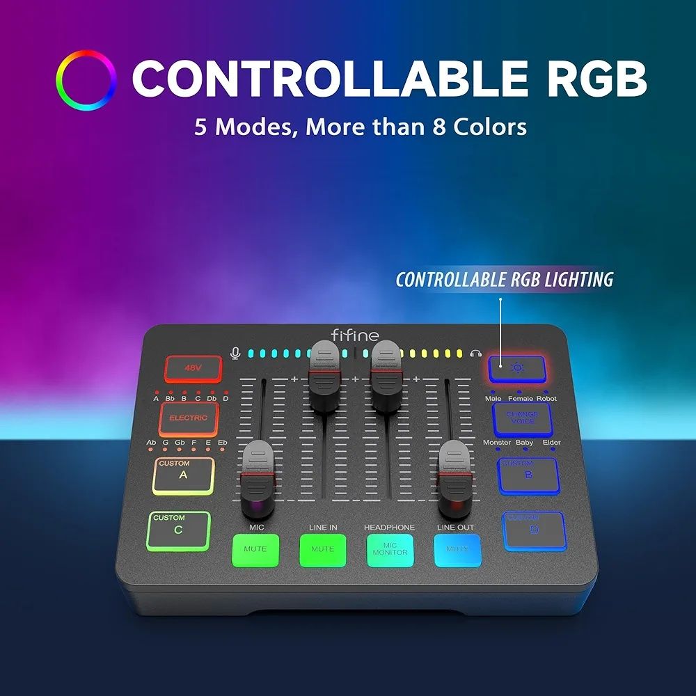 FIFINE Mikser audio do gier, RGB mikser z interfejsem mikrofonu