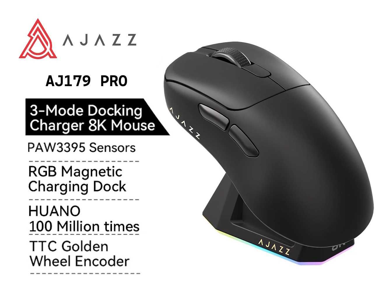 Игровая мышь Ajazz AJ179 PRO PAW3395 BT5.2 Black + док-станция