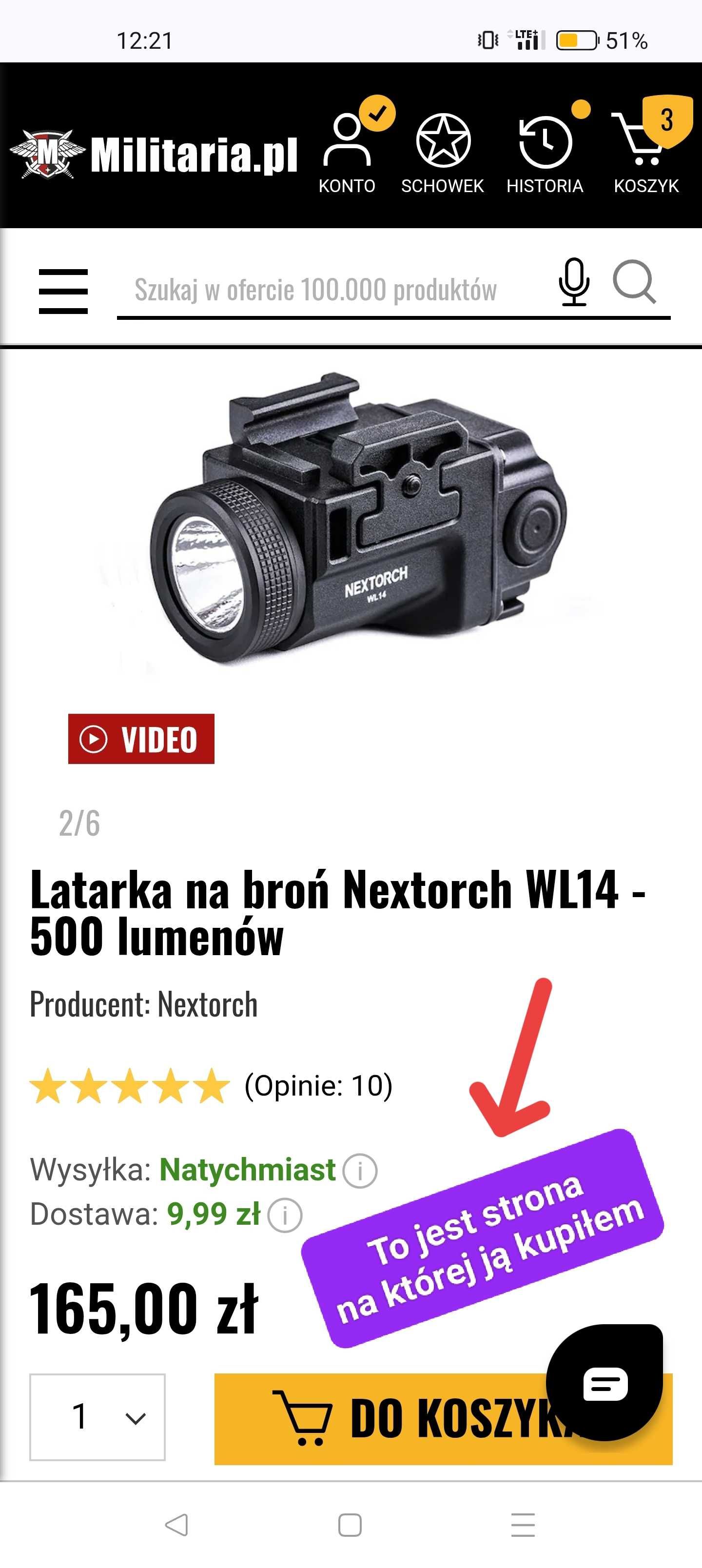 Latarka pistoletowa WL14 TORCH 500 lumenów [nowa]