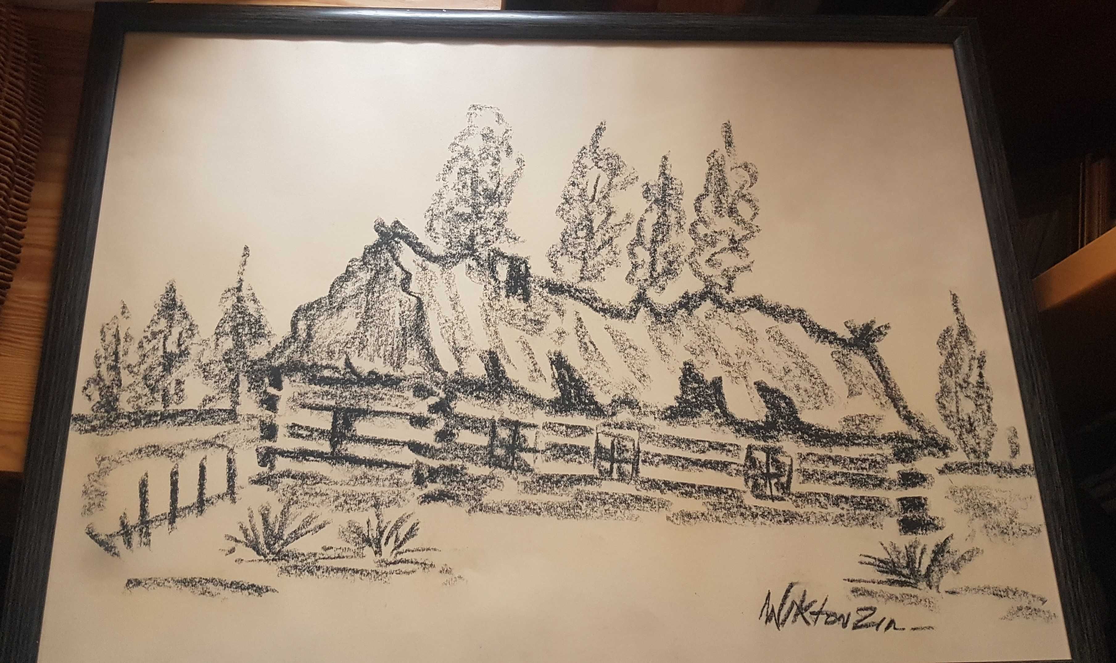 Wiktor Zin, rysunek węglem, wiejska chata, w ramie