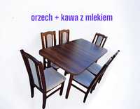 Stół rozkładany + 6 krzeseł, orzech + kawa z mlekiem, NOWE-OD RĘKI