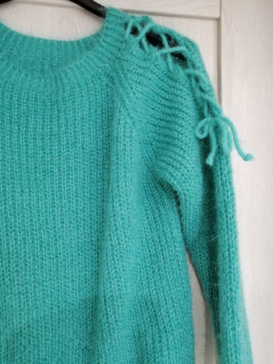 Zielony sweter miętowy turkus moher xs s m L wiązania kokardki