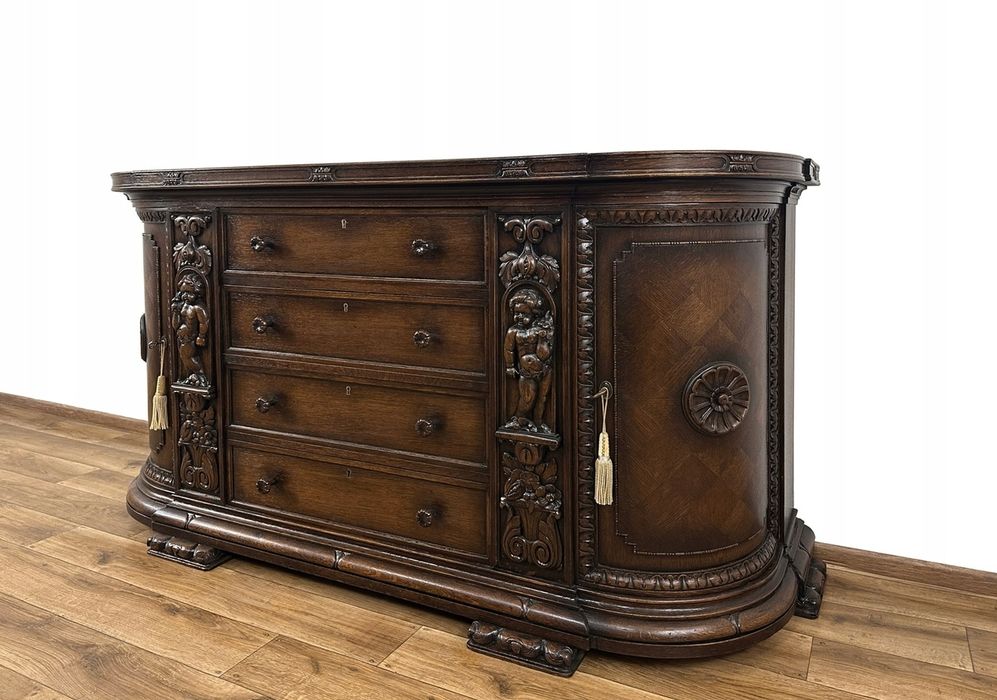 KOMODA FIGURALNA 4 szufl. bufet owalna ANTYK rzeźby PUTTO pod TV RTV