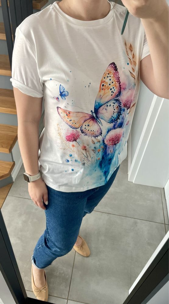 Nowy tshirt  koszulka bialy z printem, motyl 38 M