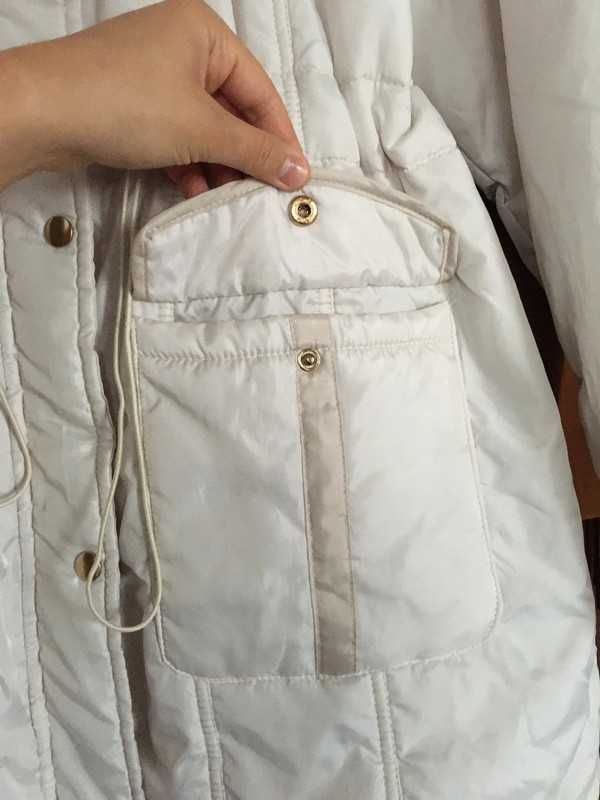 Zimowa kremowa biała kurtka vintage ocieplana kaptur elegancka 42 xl
