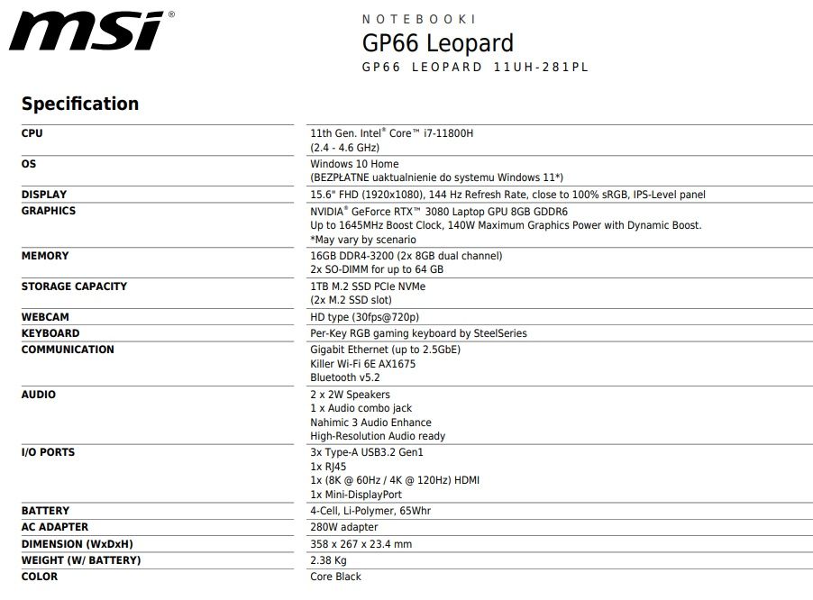 Laptop gamingowy MSI GP66 Leopard RTX3080 Stan Idealny