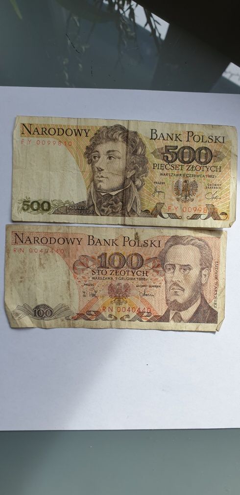 Banknoty 100zł z roku 1998r oraz 500zł z roku 1982r.