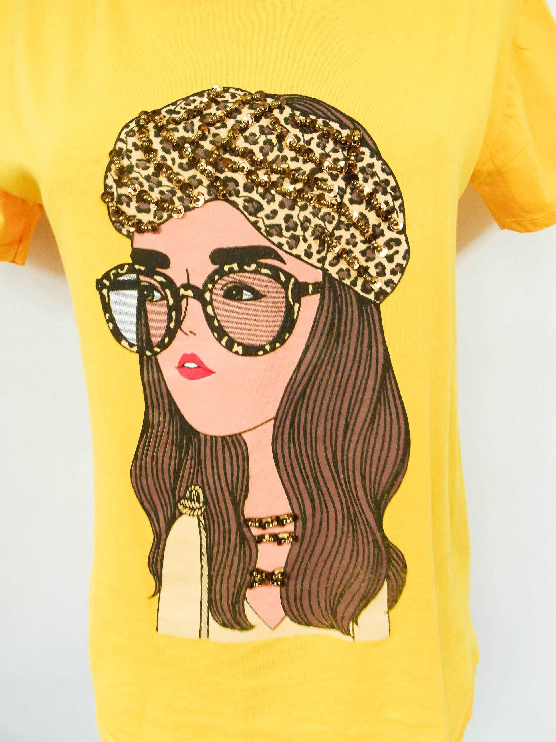 T-shirt Qumru zółty z pomarańczowym kobieta cekiny
