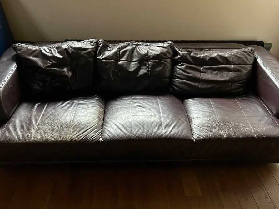 Para mebli skórzanych: sofa i fotel.