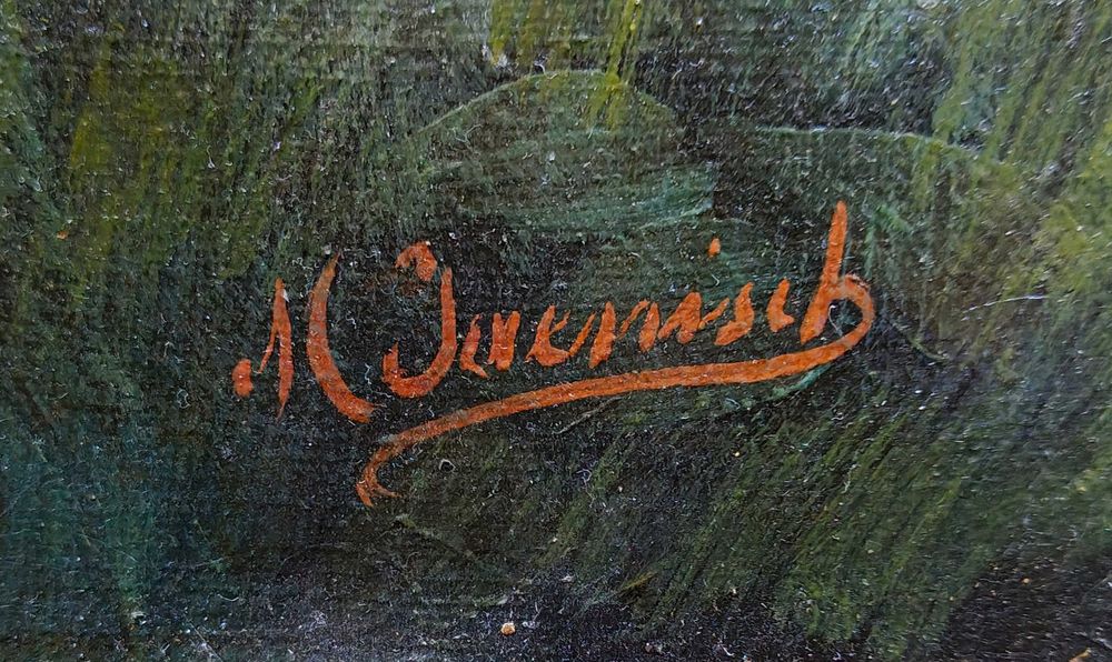 Obraz olejny, pasterz z owcami na polach, złocona rama