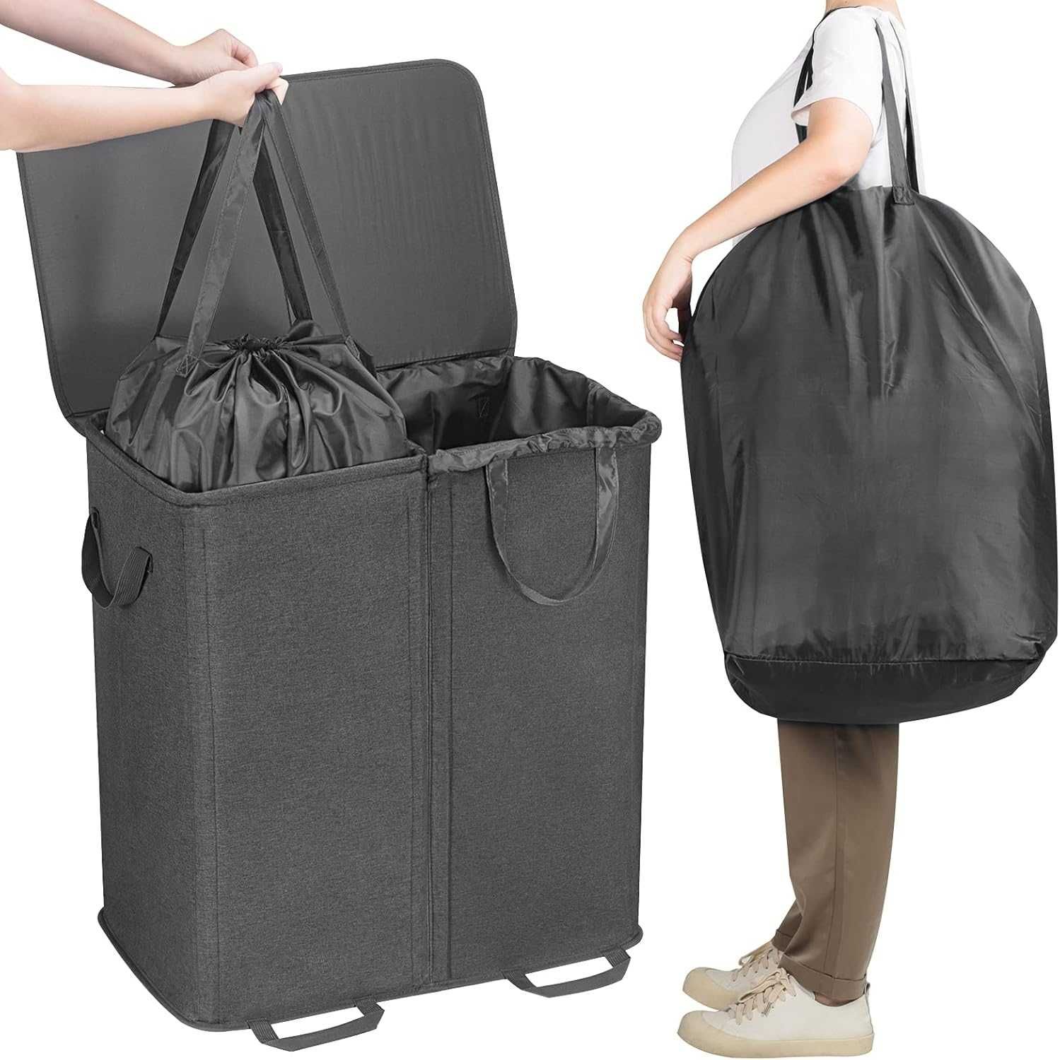 Cesto para roupa suja com tampa e sacos removíveis de lavandaria