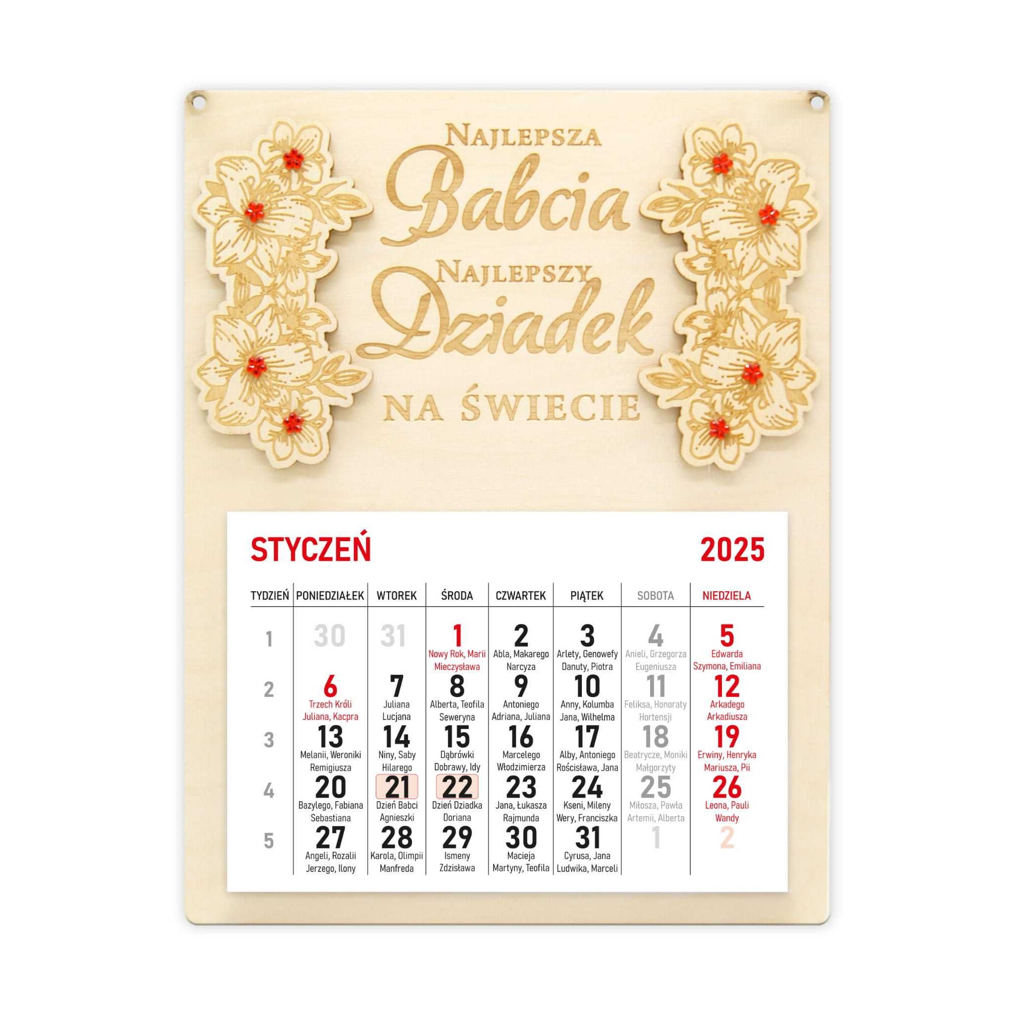 Kalendarz Ścienny 2025 DZIEŃ BABCI i DZIADKA na prezent do zawieszenia