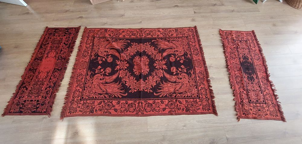 Dywan tkany, płócienny + 2 dywaniki bordo+czarny, pawie, kwiaty