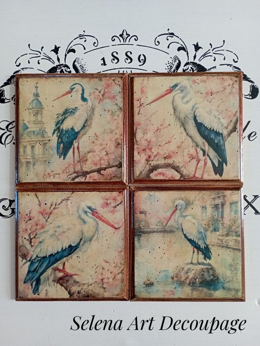 Podstawki shabby chic bociany kwiaty decoupage