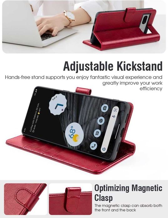 OCASE skórzane etui do Google Pixel 8 z klapką portfel RFID czerwone