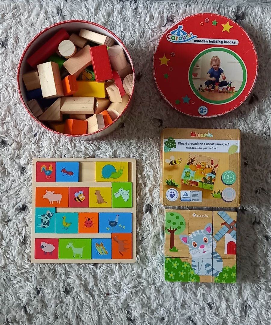 Zestaw Drewniane zabawki układanka puzzle klocki Montessori