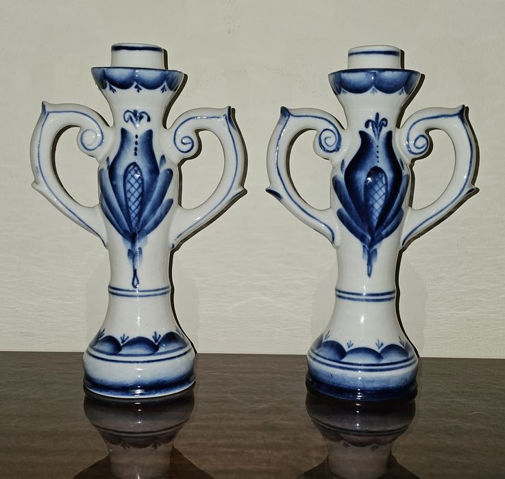 Świeczniki porcelanowe Gżel / Gzhel 1990r.