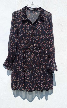 Красивое чёрное платье туника с люрексом цветочный принт Mango L