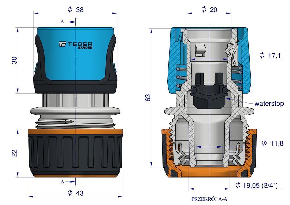 Szybkozłączka 3/4"  - z waterstop / TEGER