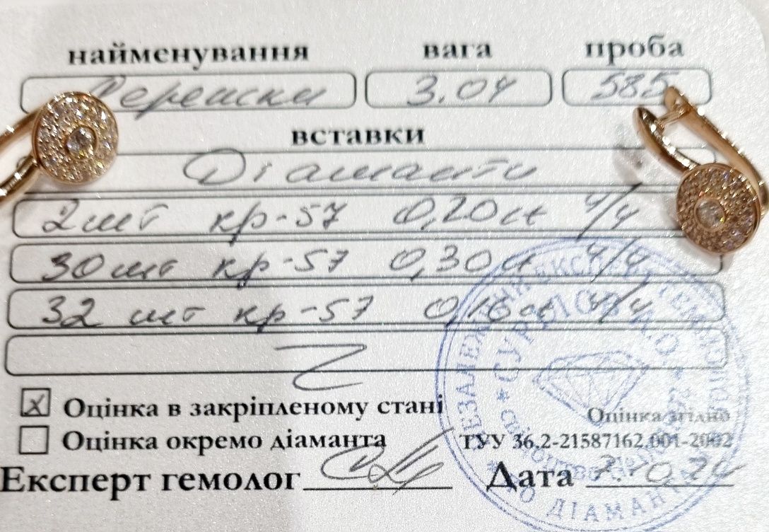 Золотые серьги с бриллиантами. ct 0,66.  3,04грм