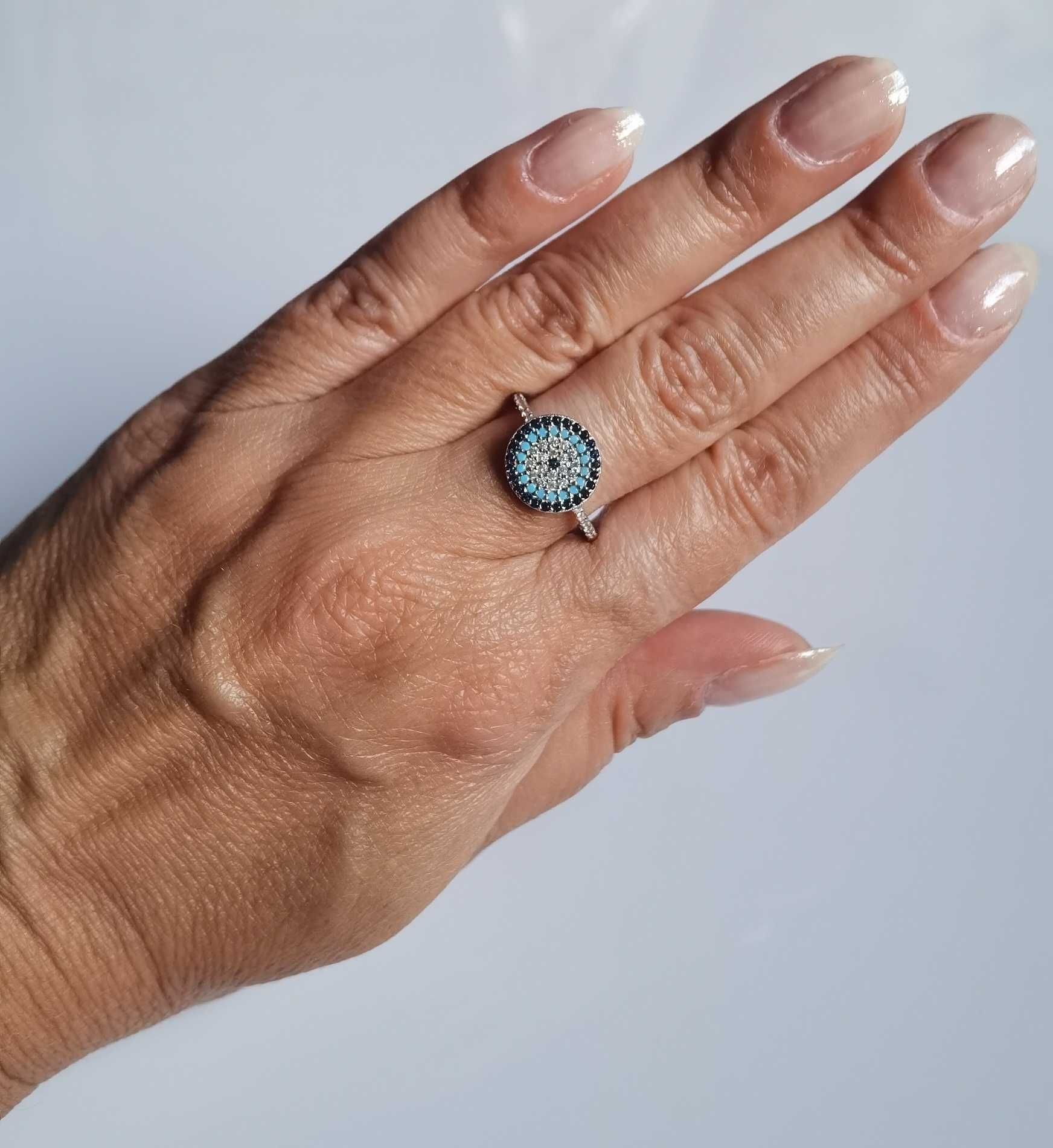 Srebrny pierścionek oko proroka cyrkonie turkusy P925 rozm.15