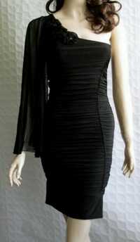 Sukienka koktajlowa elegancka maskująca brzuch mała czarna jedno ramię