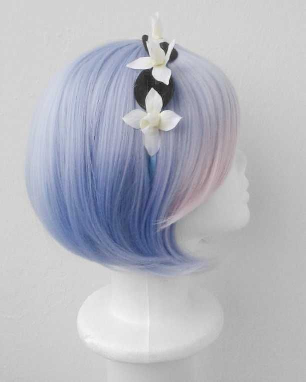 Rem Re Zero cosplay wig błękitna krótka peruka bob z grzywką + dodatki