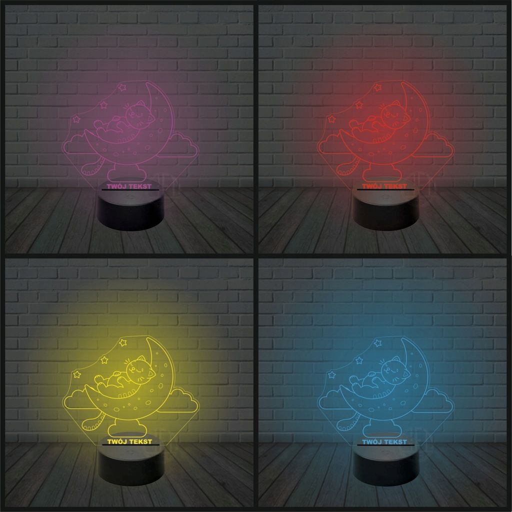 Lampka nocna 3D LED imię KOT na księżycu na biurko