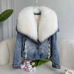Kurtka damska ocieplana futro naturalne lis jenot denim dzinsowa
