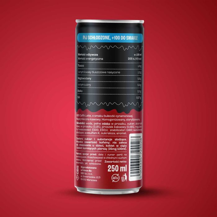 GBS Caffé Latte o smaku BUŁECZKI CYNAMONOWEJ 250ml pakiet 5 puszek